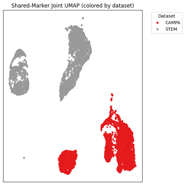 Joint shared-marker UMAP colored by dataset